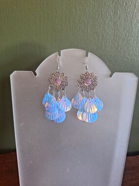 Iridescent Blue Floral Dangle Earrings with Shell Sequins